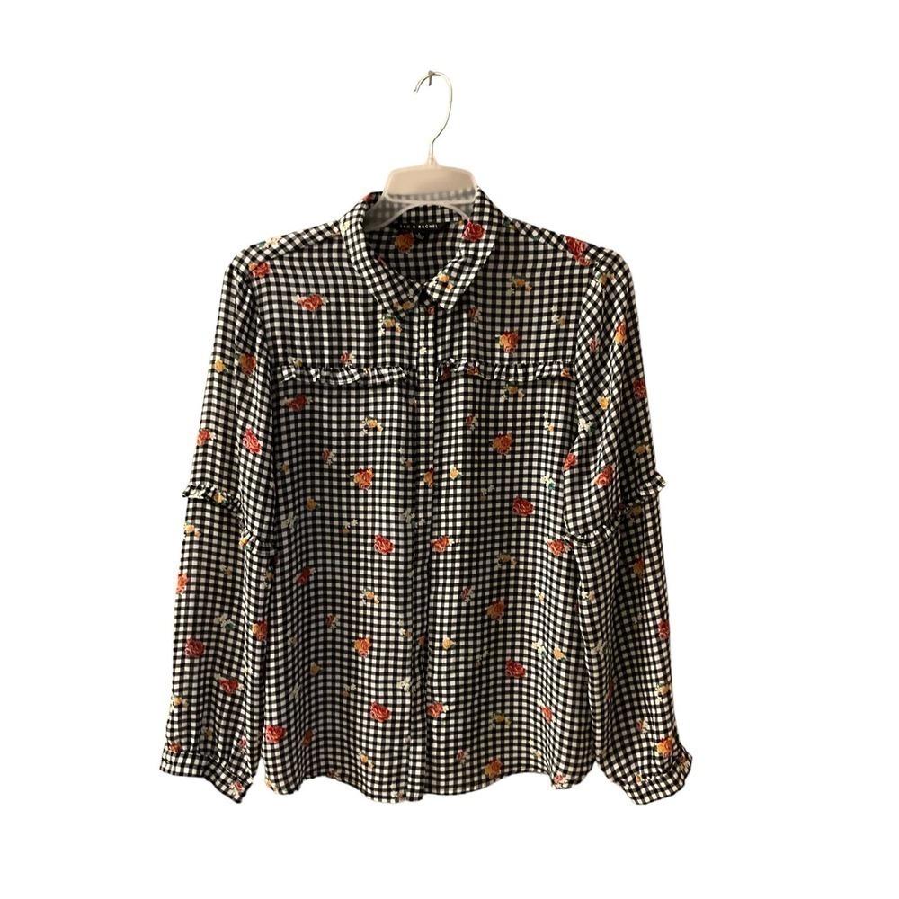 Zac & Rachel Button-Up Shirt Women's L Black/White Gingham Long Sleeve Polyester